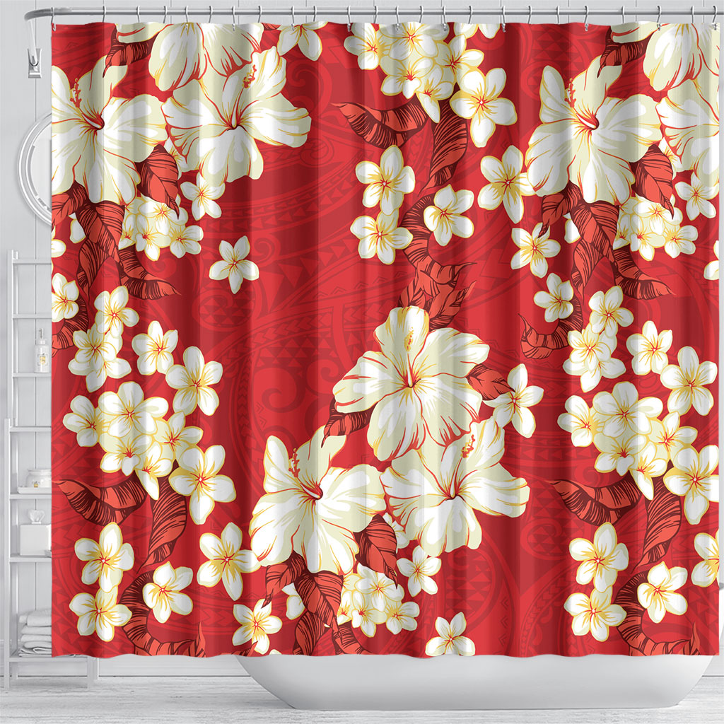 Hawaii Hibiscus Plumeria Red Shower Curtain Polynesian Pattern