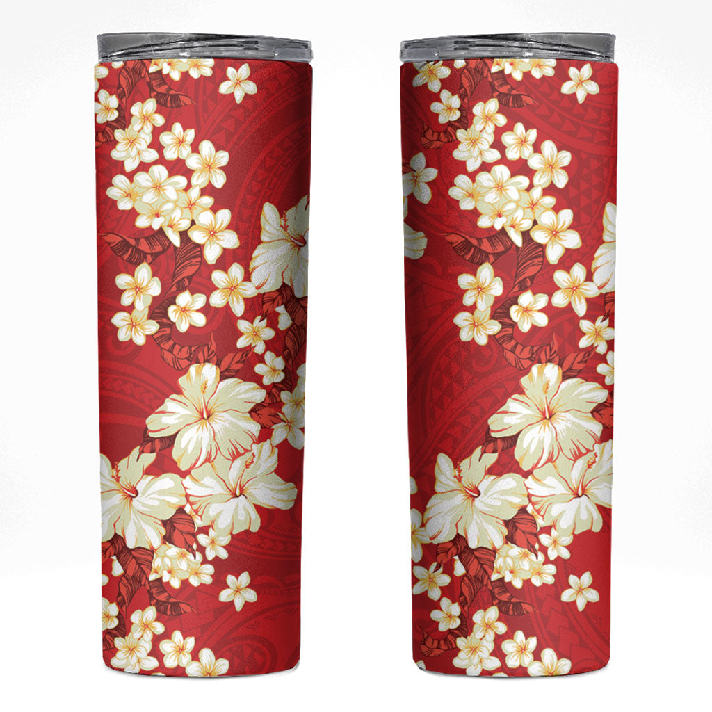 Hawaii Hibiscus Plumeria Red Skinny Tumbler Polynesian Pattern
