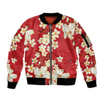 Hawaii Hibiscus Plumeria Red Sleeve Zip Bomber Jacket Polynesian Pattern