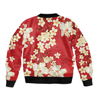 Hawaii Hibiscus Plumeria Red Sleeve Zip Bomber Jacket Polynesian Pattern