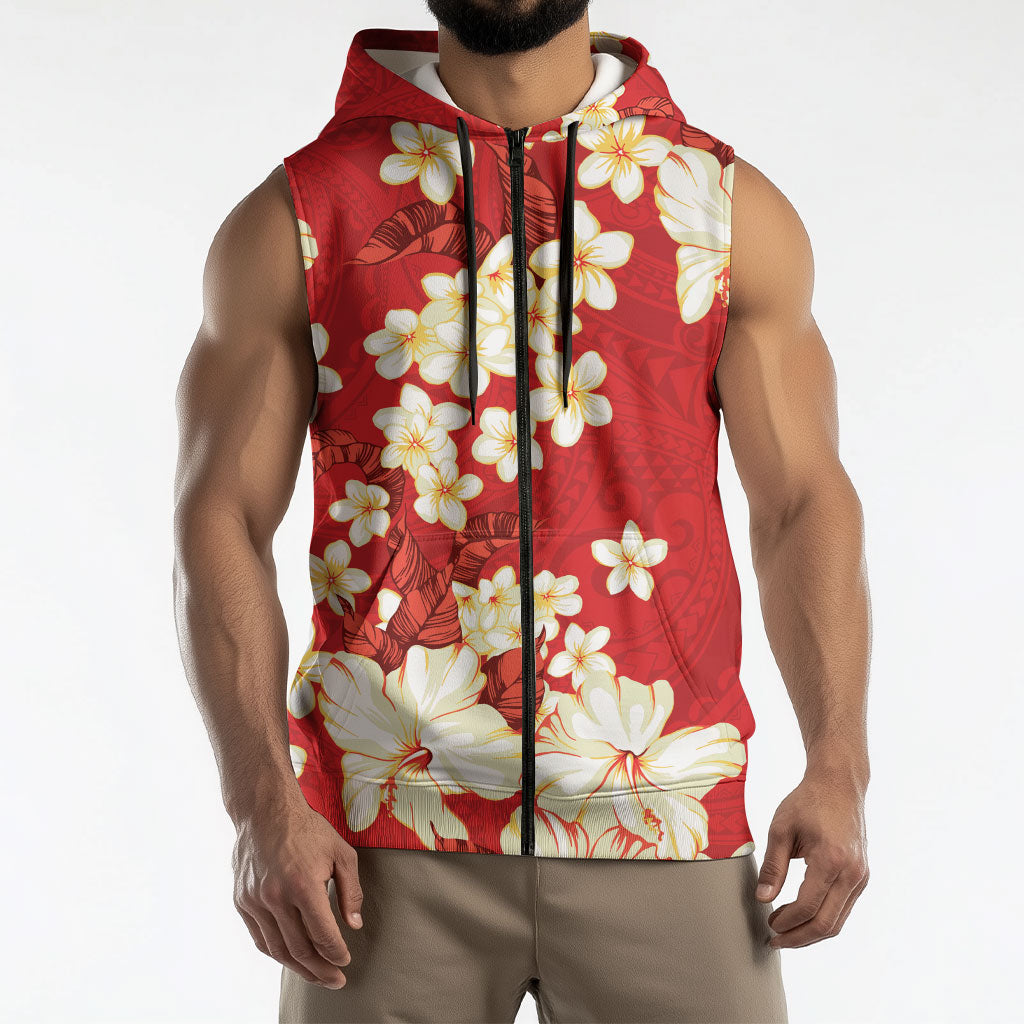 Hawaii Hibiscus Plumeria Red Sleeveless Zip Hoodie Polynesian Pattern