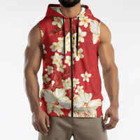 Hawaii Hibiscus Plumeria Red Sleeveless Zip Hoodie Polynesian Pattern