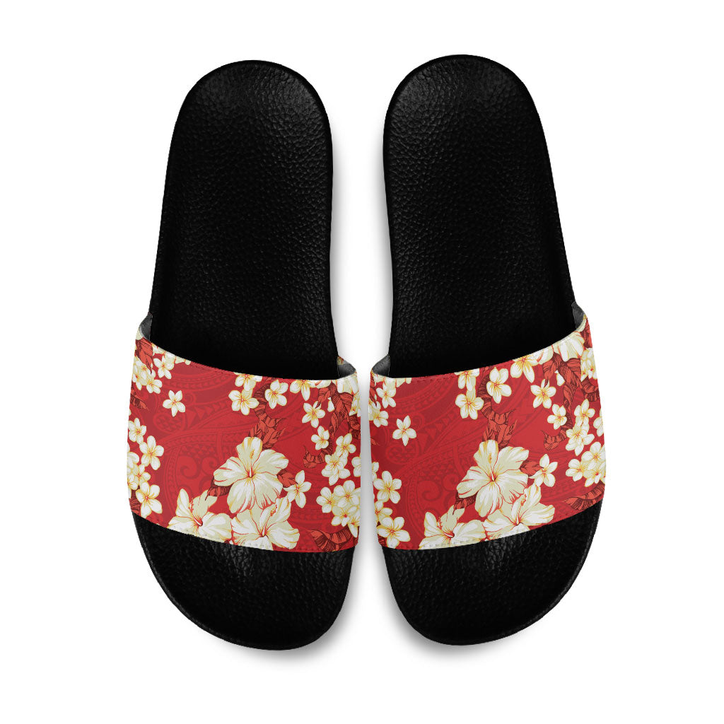 Hawaii Hibiscus Plumeria Red Slide Sandals Polynesian Pattern