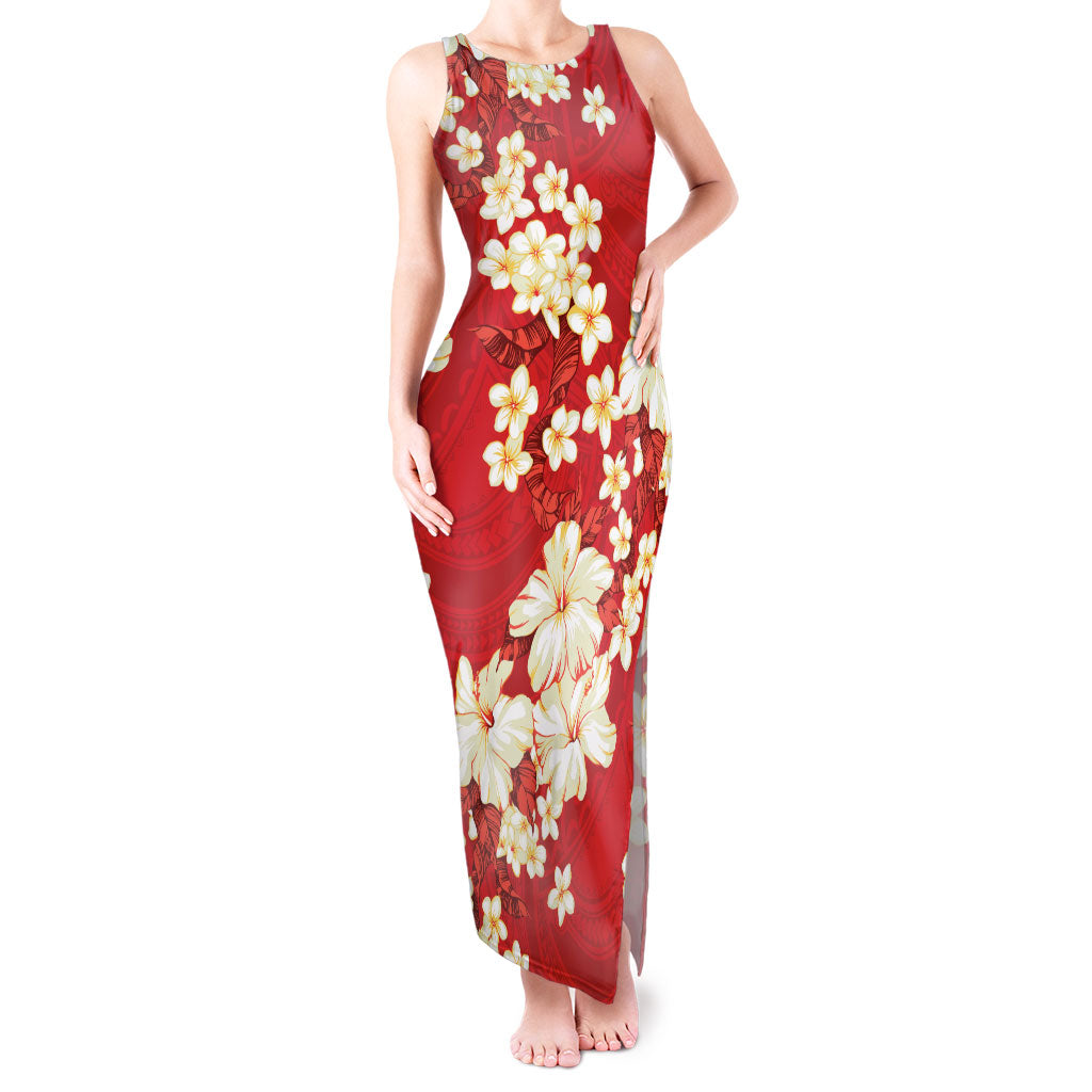 Hawaii Hibiscus Plumeria Red Tank Maxi Dress Polynesian Pattern