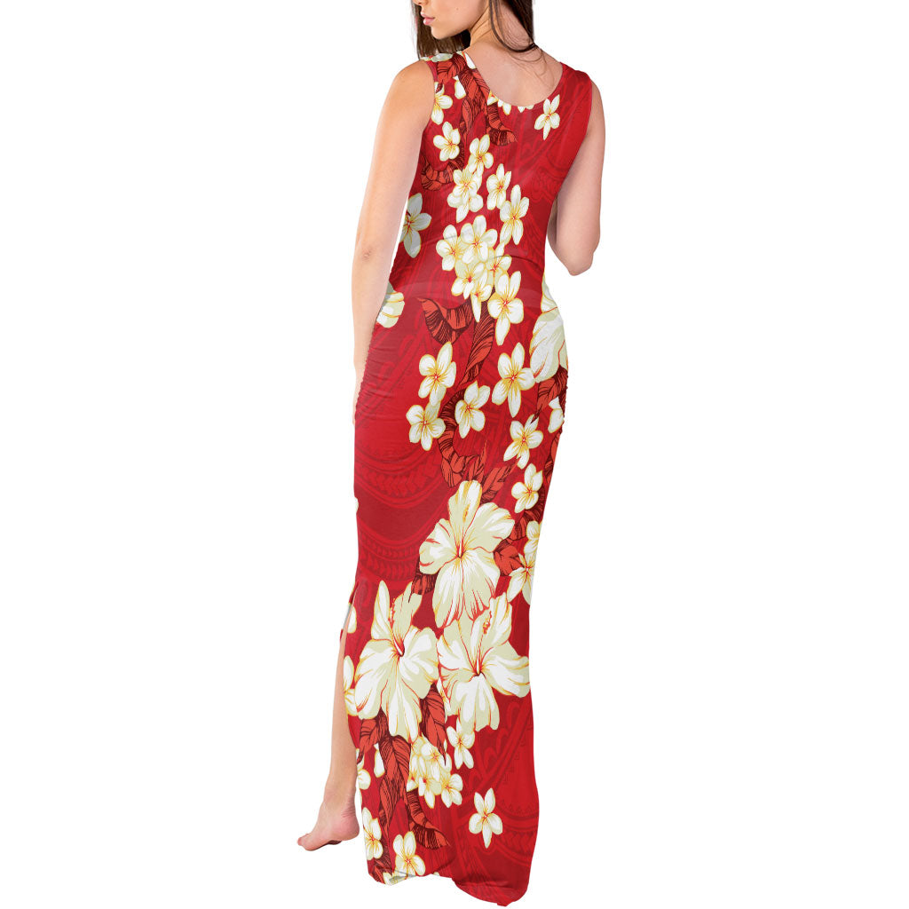 Hawaii Hibiscus Plumeria Red Tank Maxi Dress Polynesian Pattern