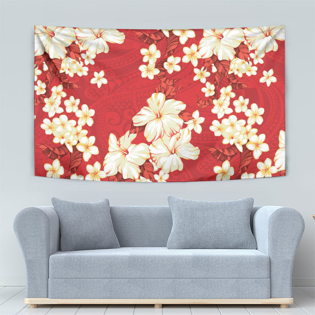 Hawaii Hibiscus Plumeria Red Tapestry Polynesian Pattern