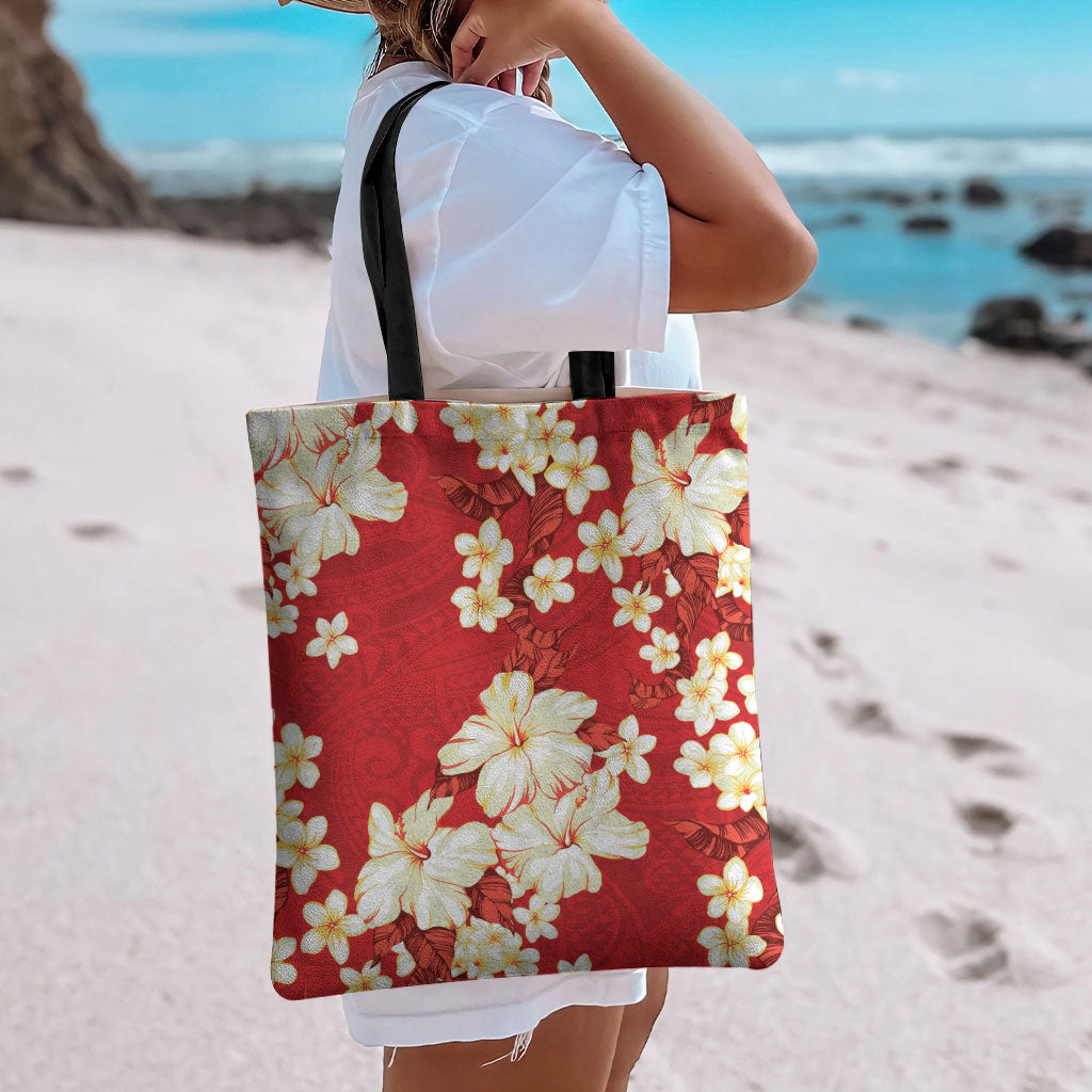 Hawaii Hibiscus Plumeria Red Tote Bag Polynesian Pattern