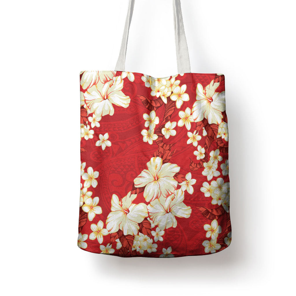 Hawaii Hibiscus Plumeria Red Tote Bag Polynesian Pattern