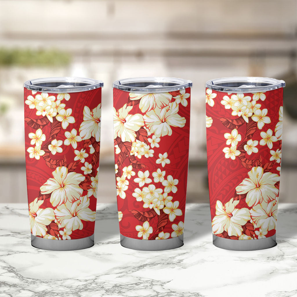 Hawaii Hibiscus Plumeria Red Tumbler Cup Polynesian Pattern