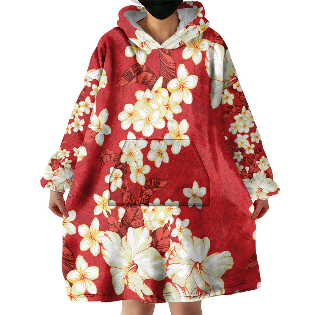 Hawaii Hibiscus Plumeria Red Wearable Blanket Hoodie Polynesian Pattern
