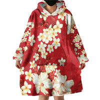 Hawaii Hibiscus Plumeria Red Wearable Blanket Hoodie Polynesian Pattern