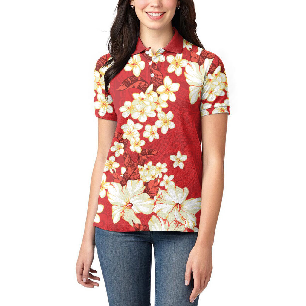 Hawaii Hibiscus Plumeria Red Women Polo Shirt Polynesian Pattern