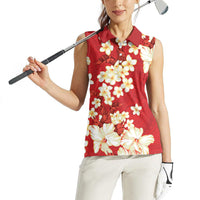 Hawaii Hibiscus Plumeria Red Women Sleeveless Polo Shirt Polynesian Pattern