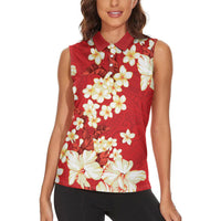 Hawaii Hibiscus Plumeria Red Women Sleeveless Polo Shirt Polynesian Pattern