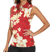Hawaii Hibiscus Plumeria Red Women Sleeveless Polo Shirt Polynesian Pattern