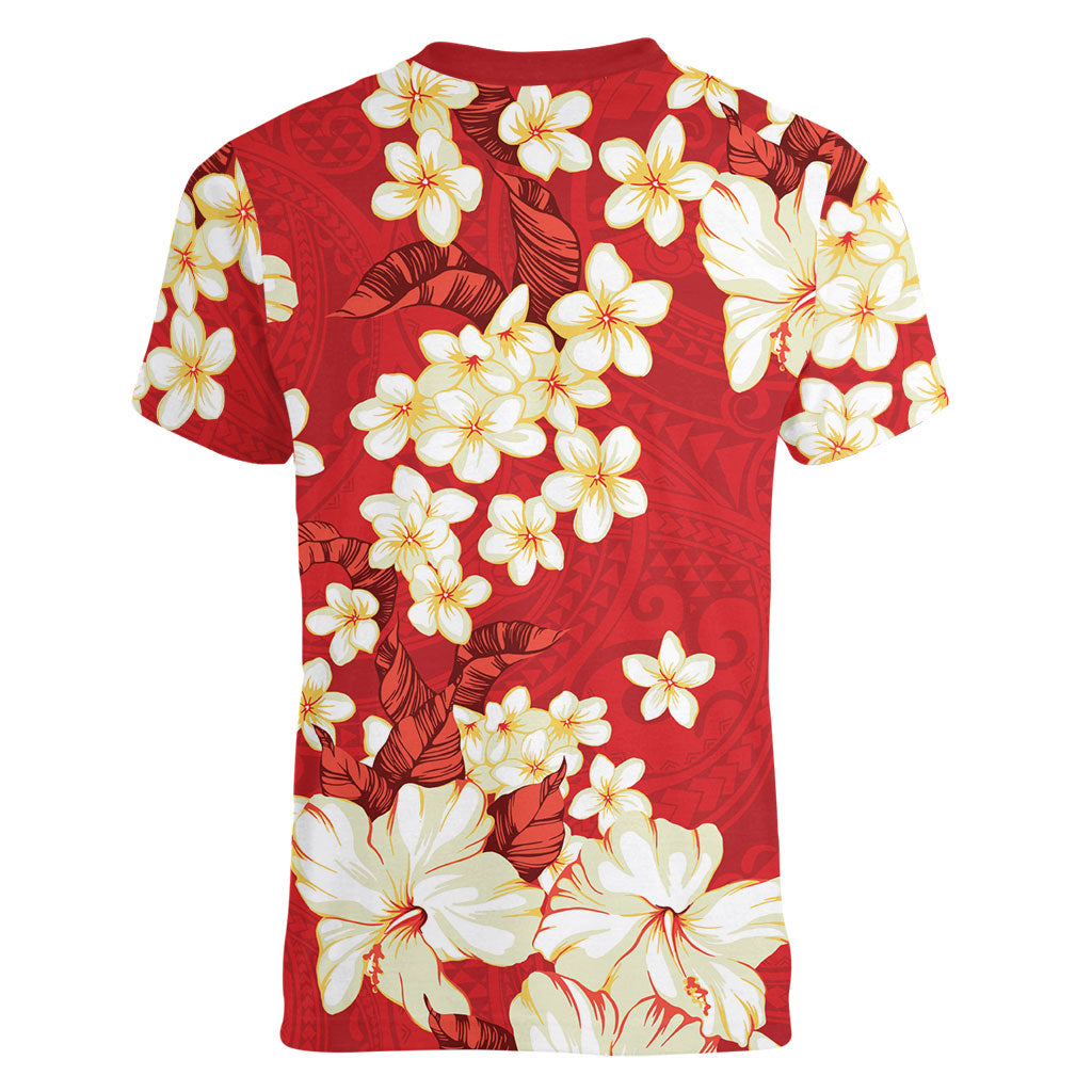 Hawaii Hibiscus Plumeria Red Women V-Neck T-Shirt Polynesian Pattern