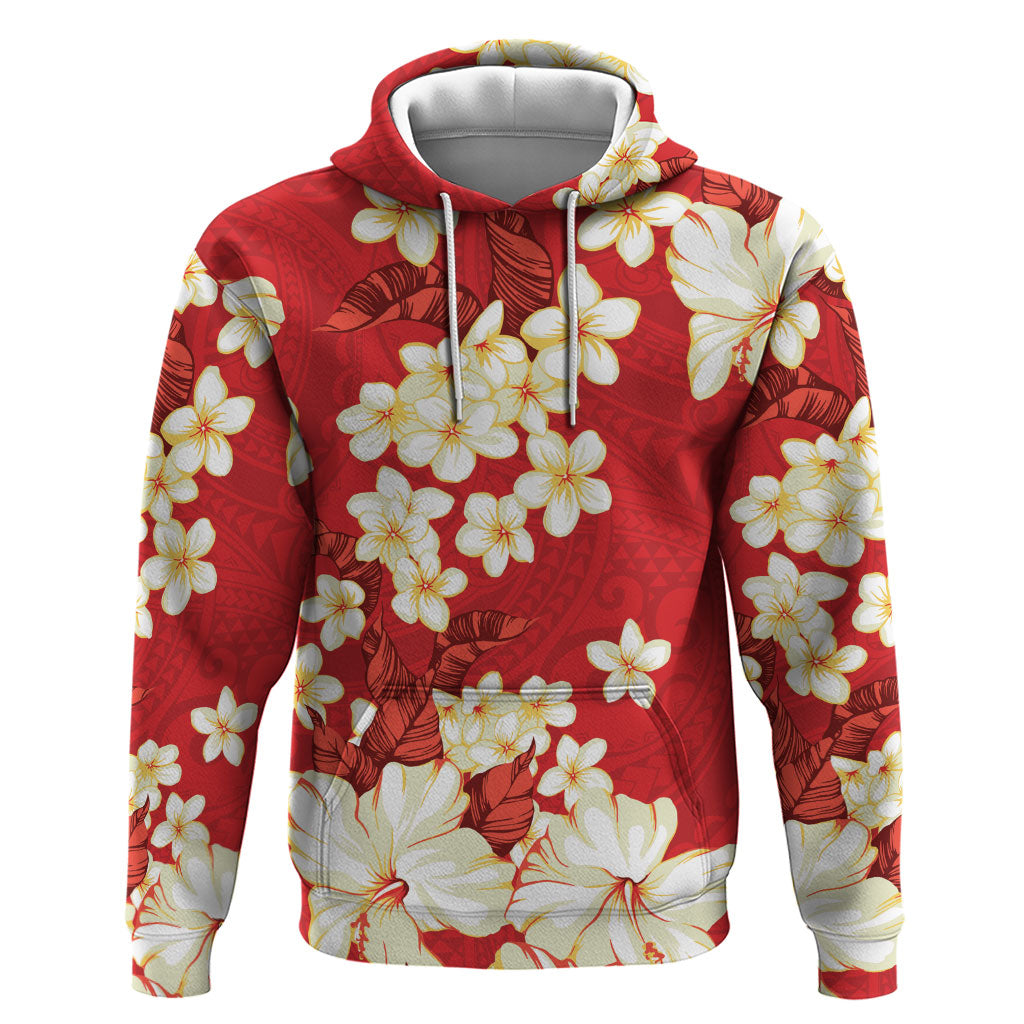 Hawaii Hibiscus Plumeria Red Zip Hoodie Polynesian Pattern