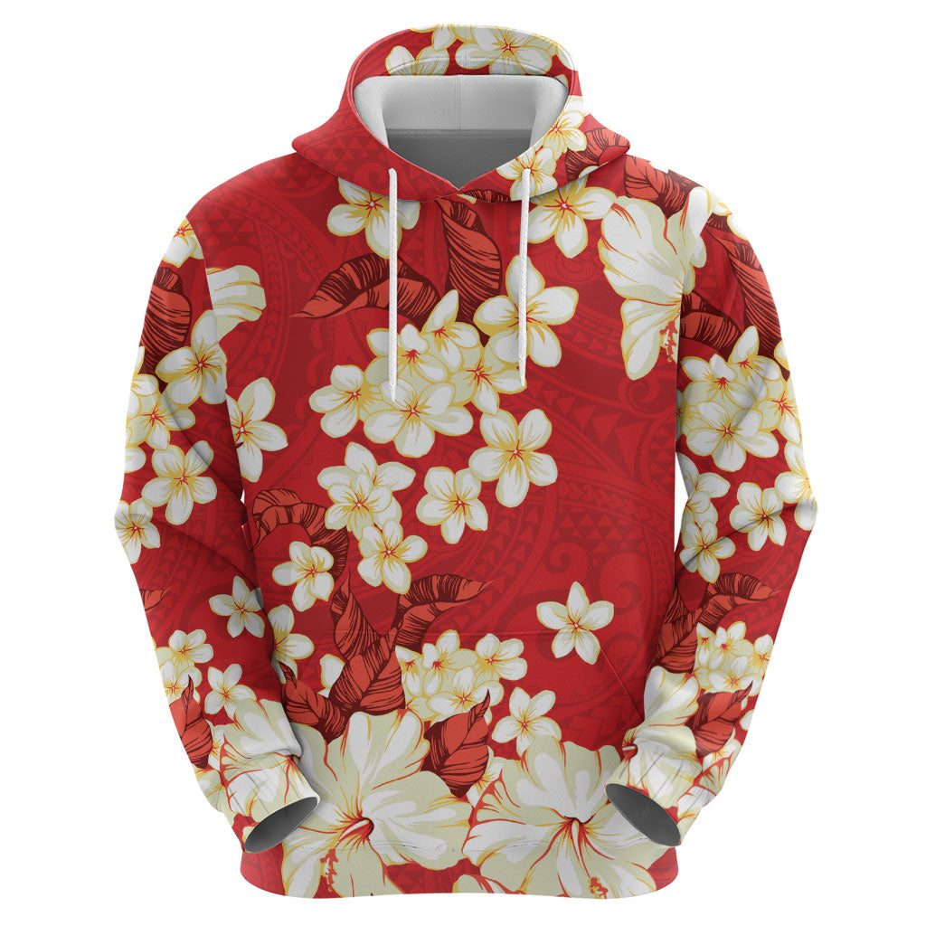 Hawaii Hibiscus Plumeria Red Zip Hoodie Polynesian Pattern