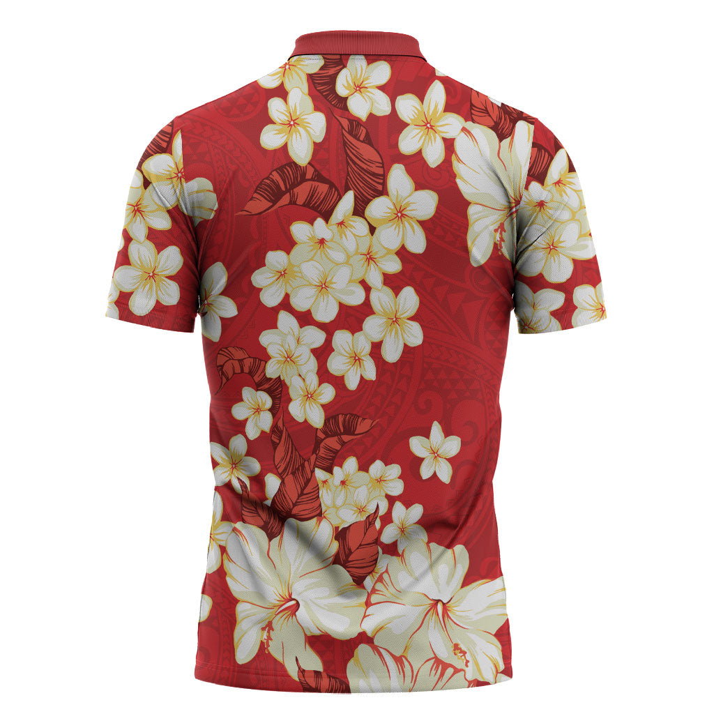 Hawaii Hibiscus Plumeria Red Zipper Polo Shirt Polynesian Pattern