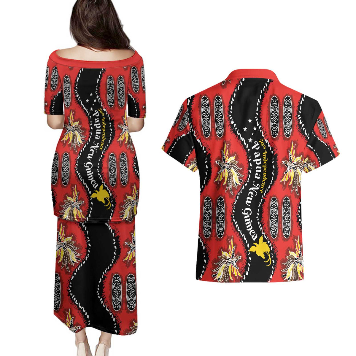 Papua New Guinea 50th Independence Couples Matching Puletasi and Hawaiian Shirt PNG Batik Pattern - Polynesian Pride