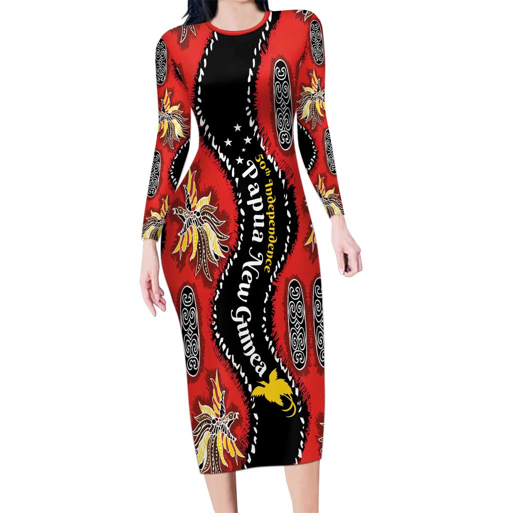 Papua New Guinea 50th Independence Family Matching Long Sleeve Bodycon Dress and Hawaiian Shirt PNG Batik Pattern LT01 Mom's Dress Red - Polynesian Pride
