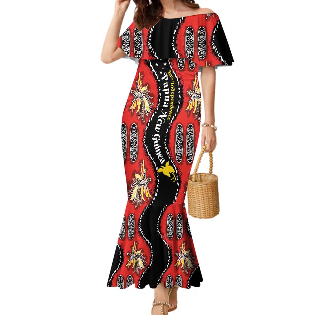 Papua New Guinea 50th Independence Family Matching Mermaid Dress and Hawaiian Shirt PNG Batik Pattern LT01 Mom's Dress Red - Polynesian Pride