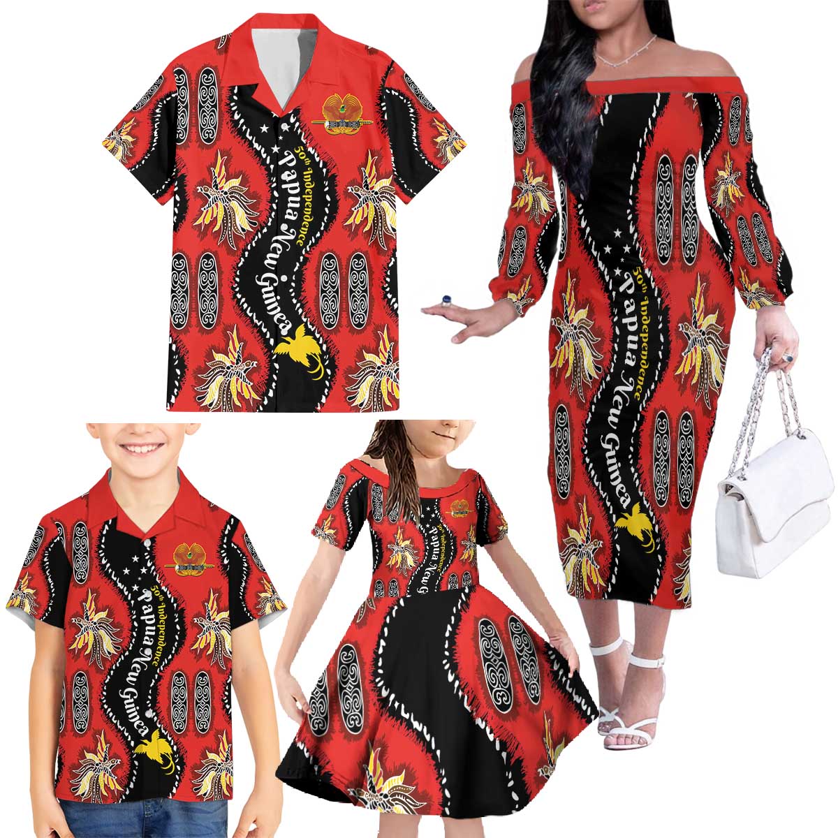 Papua New Guinea 50th Independence Family Matching Off The Shoulder Long Sleeve Dress and Hawaiian Shirt PNG Batik Pattern LT01 - Polynesian Pride