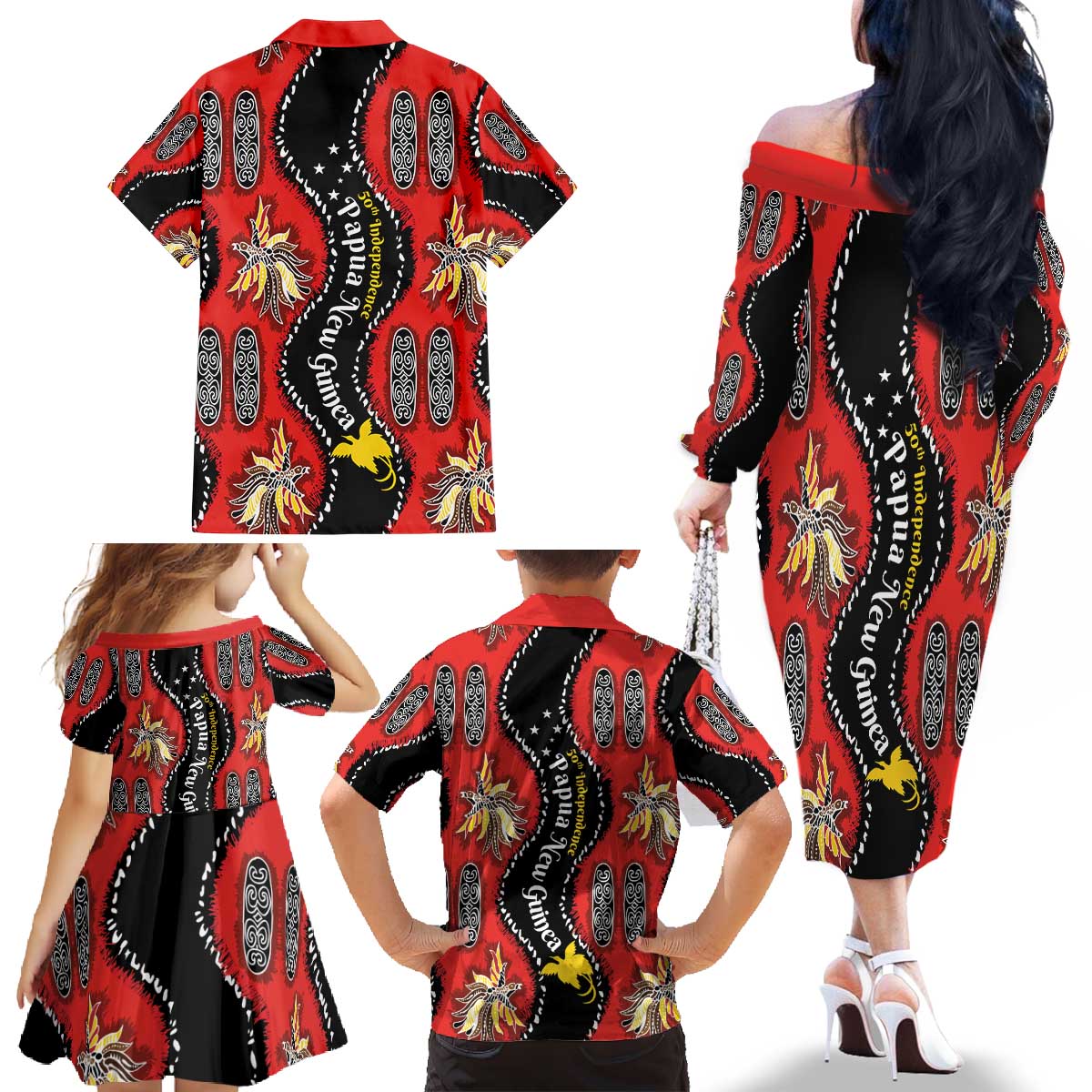 Papua New Guinea 50th Independence Family Matching Off The Shoulder Long Sleeve Dress and Hawaiian Shirt PNG Batik Pattern LT01 - Polynesian Pride