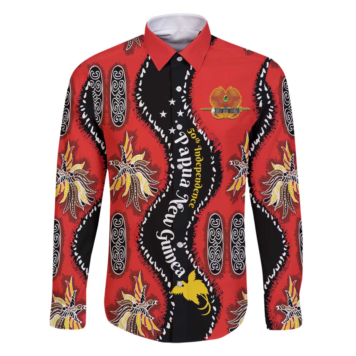Papua New Guinea 50th Independence Family Matching Off The Shoulder Long Sleeve Dress and Hawaiian Shirt PNG Batik Pattern LT01 Dad's Shirt - Long Sleeve Red - Polynesian Pride