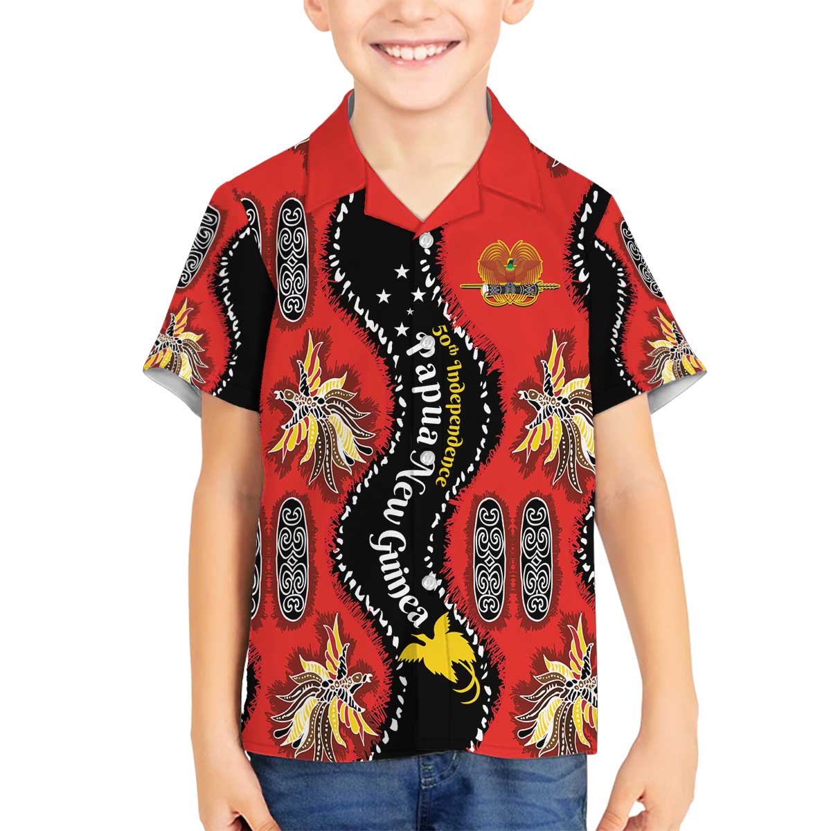 Papua New Guinea 50th Independence Family Matching Off The Shoulder Long Sleeve Dress and Hawaiian Shirt PNG Batik Pattern LT01 Son's Shirt Red - Polynesian Pride