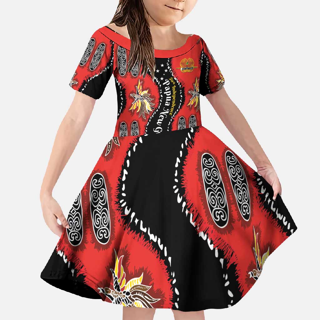Papua New Guinea 50th Independence Family Matching Off Shoulder Maxi Dress and Hawaiian Shirt PNG Batik Pattern LT01 Daughter's Dress Red - Polynesian Pride