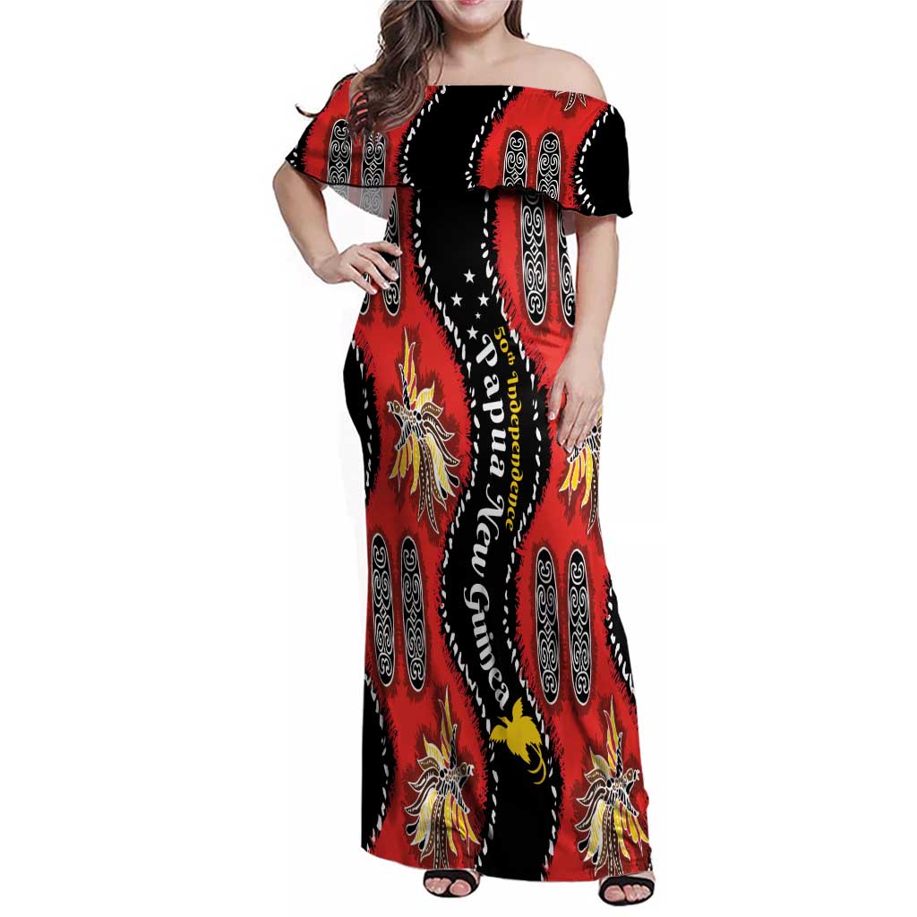 Papua New Guinea 50th Independence Family Matching Off Shoulder Maxi Dress and Hawaiian Shirt PNG Batik Pattern LT01 Mom's Dress Red - Polynesian Pride