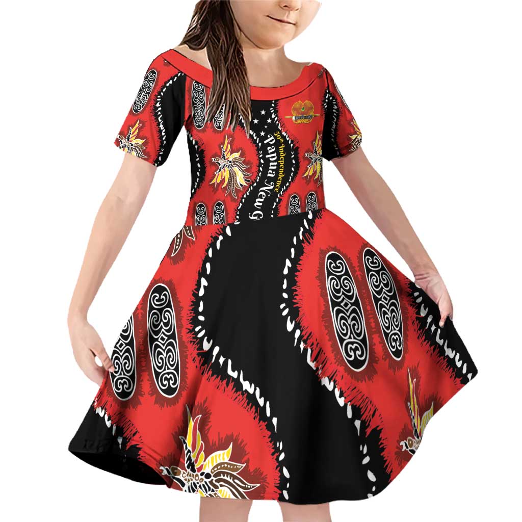 Papua New Guinea 50th Independence Family Matching Off Shoulder Short Dress and Hawaiian Shirt PNG Batik Pattern LT01 Daughter's Dress Red - Polynesian Pride