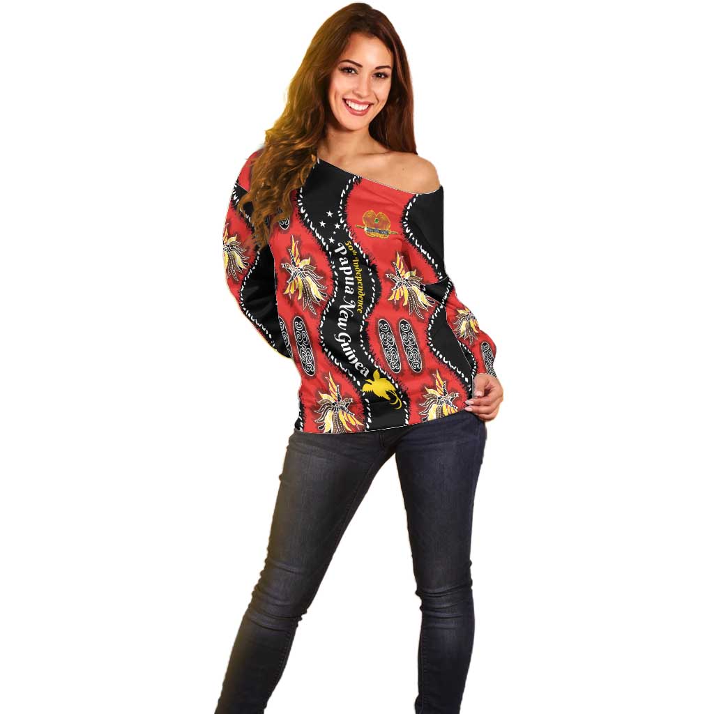 Papua New Guinea 50th Independence Off Shoulder Sweater PNG Batik Pattern - Polynesian Pride