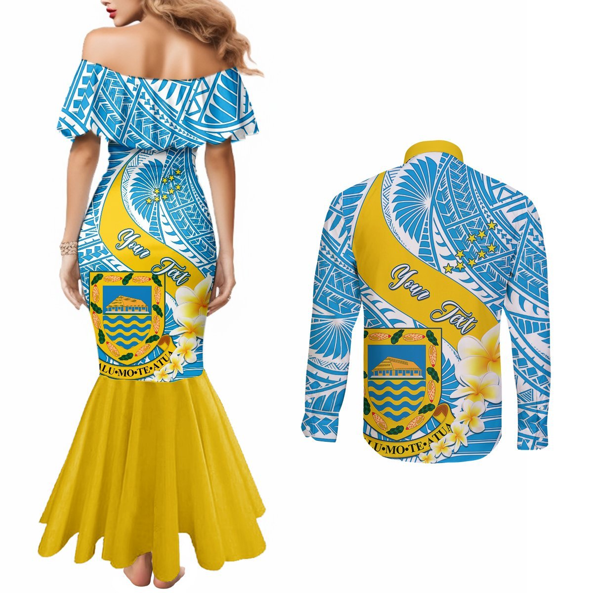 Personalised Tuvalu Independence Day Couples Matching Mermaid Dress and Long Sleeve Button Shirts Plumeria 45th Anniversary LT01 - Polynesian Pride