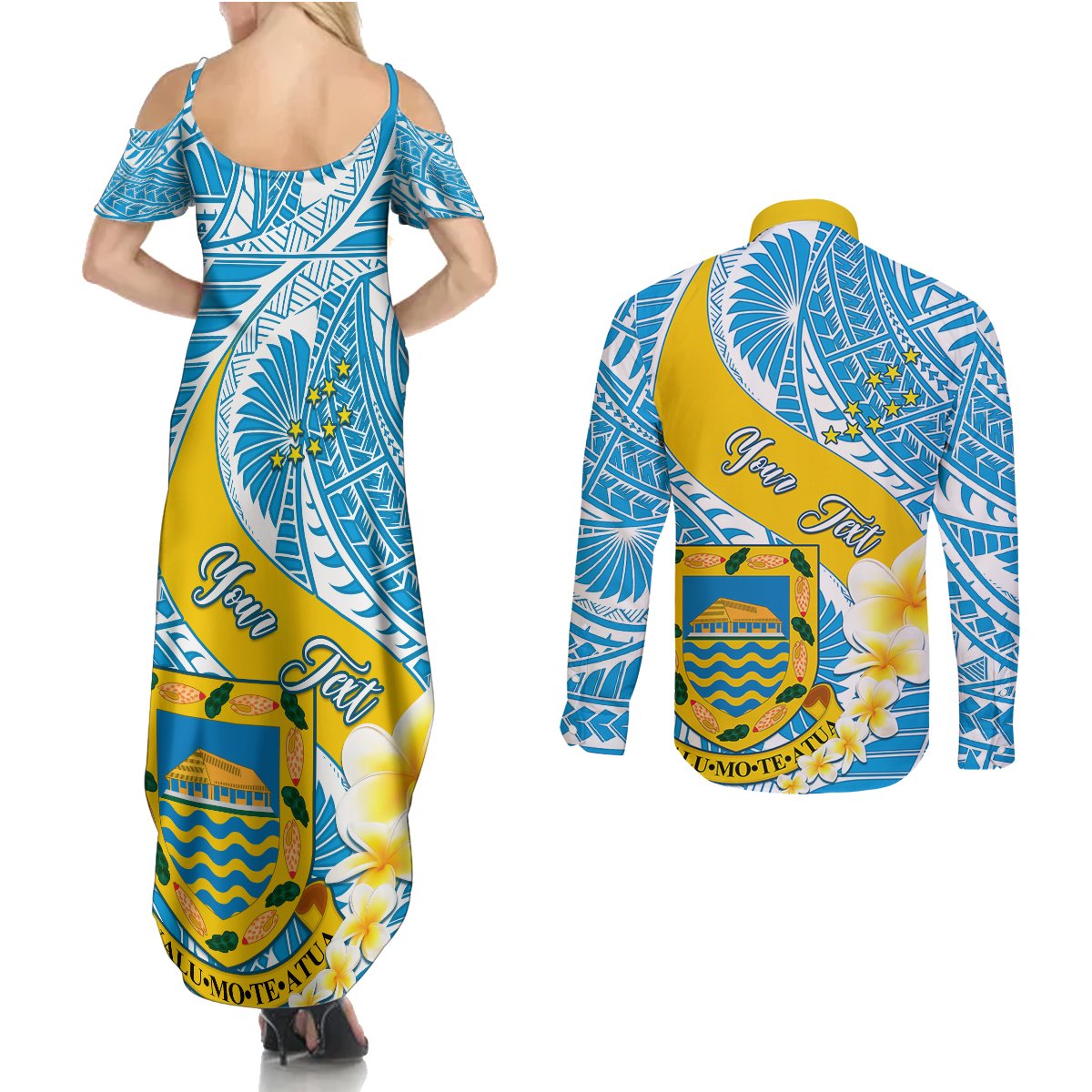 personalised-tuvalu-independence-day-couples-matching-summer-maxi-dress-and-long-sleeve-button-shirts-plumeria-45th-anniversary