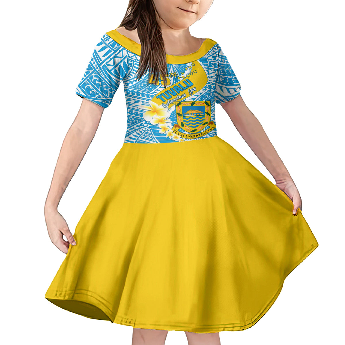 Personalised Tuvalu Independence Day Family Matching Long Sleeve Bodycon Dress and Hawaiian Shirt Plumeria 45th Anniversary LT01 Daughter's Dress Blue - Polynesian Pride