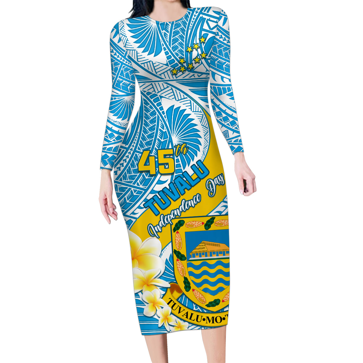 Personalised Tuvalu Independence Day Family Matching Long Sleeve Bodycon Dress and Hawaiian Shirt Plumeria 45th Anniversary LT01 Mom's Dress Blue - Polynesian Pride