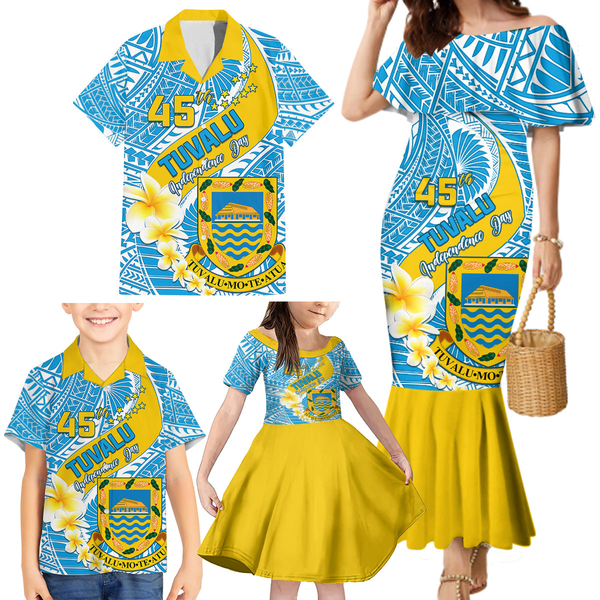 Personalised Tuvalu Independence Day Family Matching Mermaid Dress and Hawaiian Shirt Plumeria 45th Anniversary LT01 - Polynesian Pride