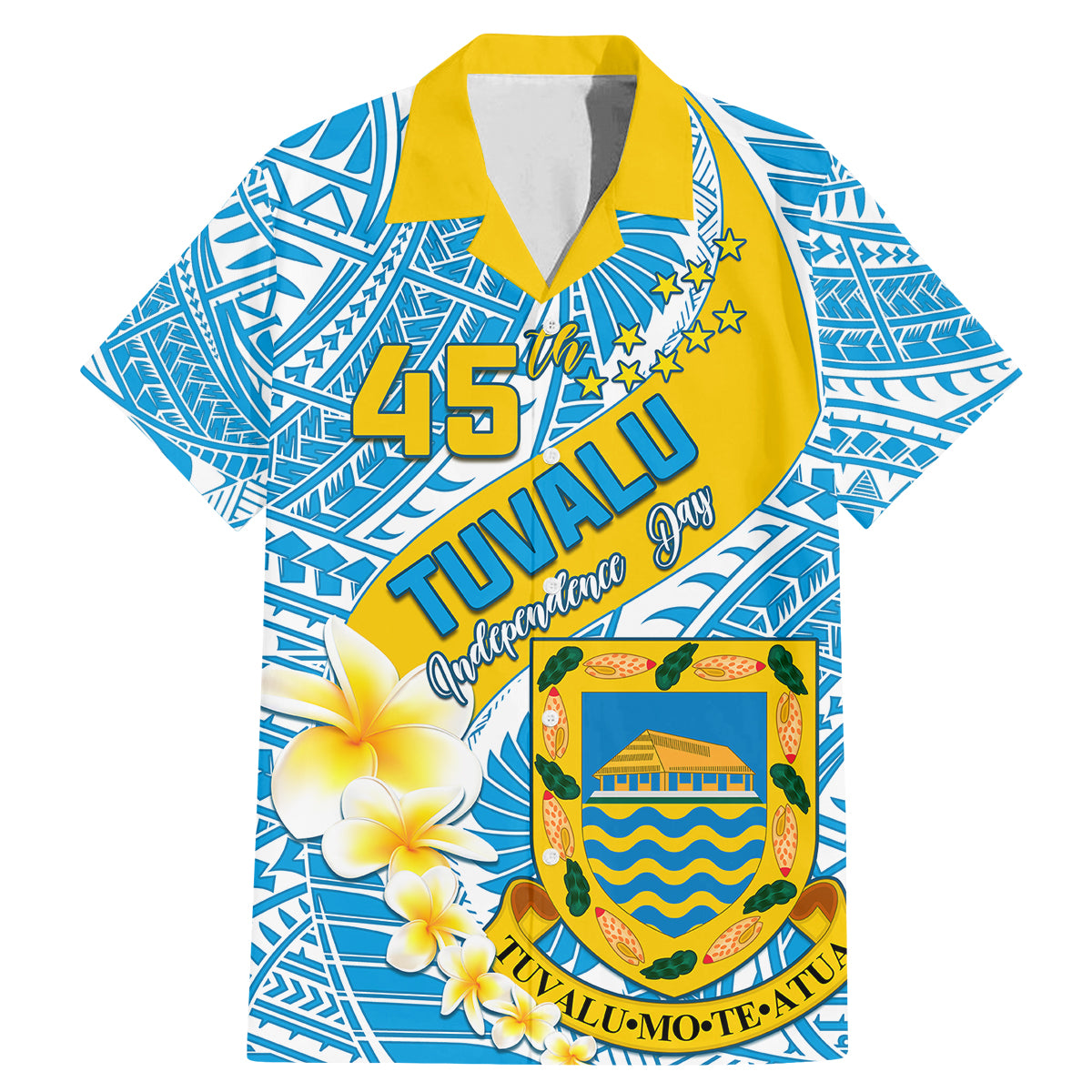 Personalised Tuvalu Independence Day Family Matching Mermaid Dress and Hawaiian Shirt Plumeria 45th Anniversary LT01 Dad's Shirt - Short Sleeve Blue - Polynesian Pride