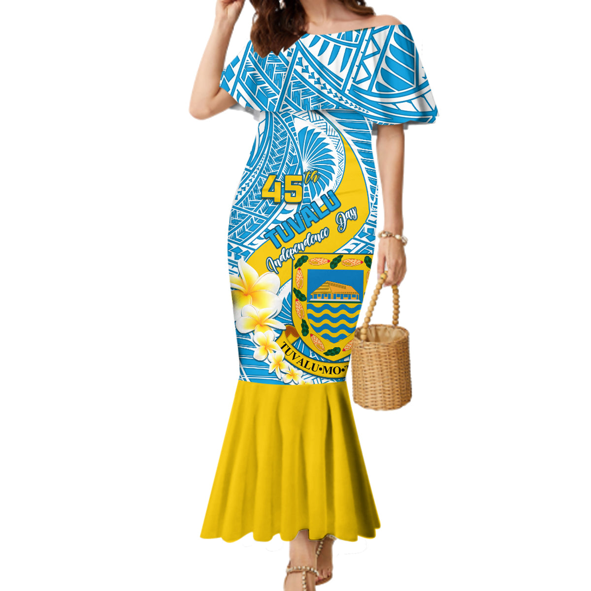 Personalised Tuvalu Independence Day Family Matching Mermaid Dress and Hawaiian Shirt Plumeria 45th Anniversary LT01 Mom's Dress Blue - Polynesian Pride