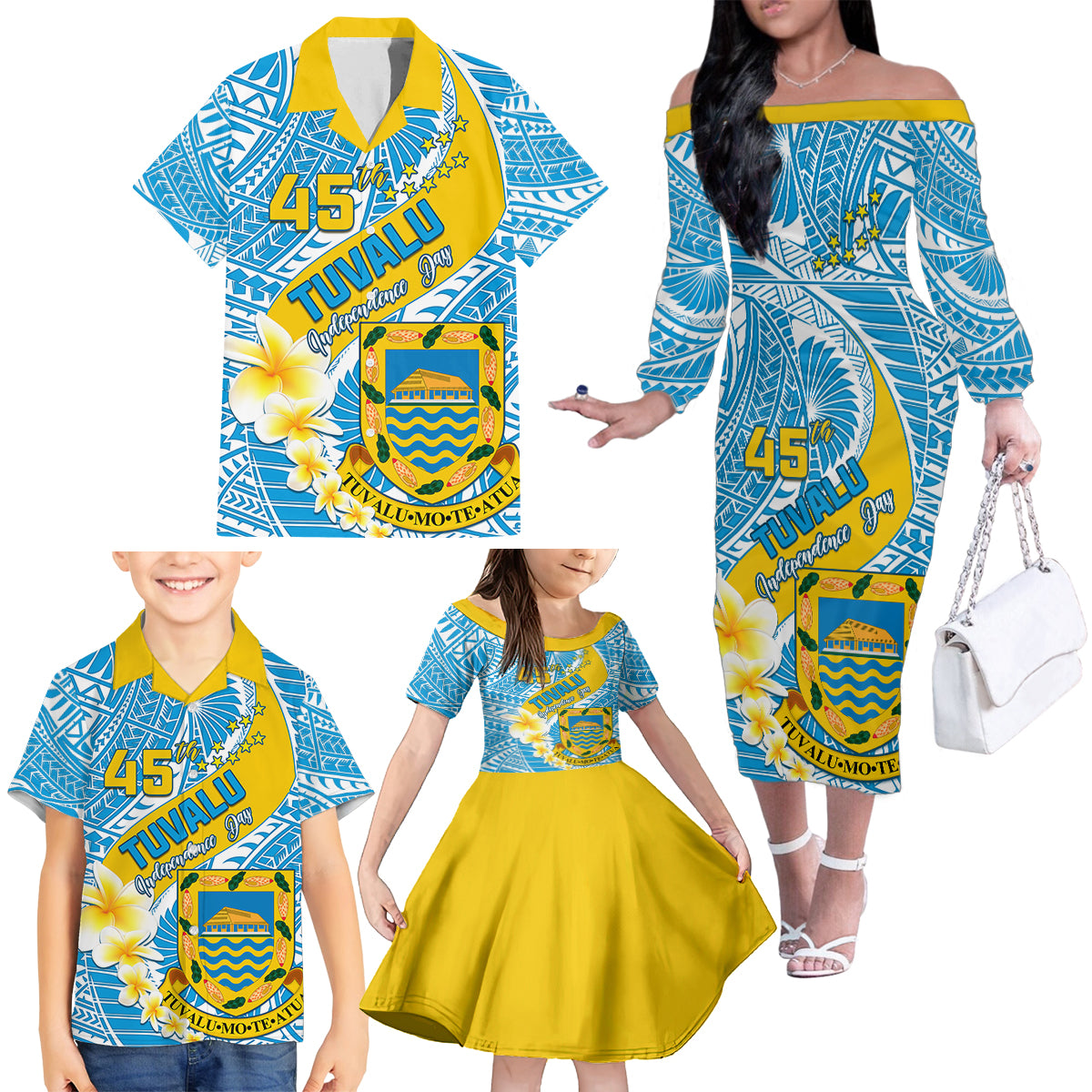 Personalised Tuvalu Independence Day Family Matching Off Shoulder Long Sleeve Dress and Hawaiian Shirt Plumeria 45th Anniversary LT01 - Polynesian Pride