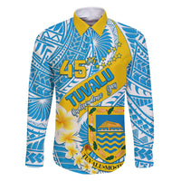 Personalised Tuvalu Independence Day Family Matching Off Shoulder Long Sleeve Dress and Hawaiian Shirt Plumeria 45th Anniversary LT01 Dad's Shirt - Long Sleeve Blue - Polynesian Pride