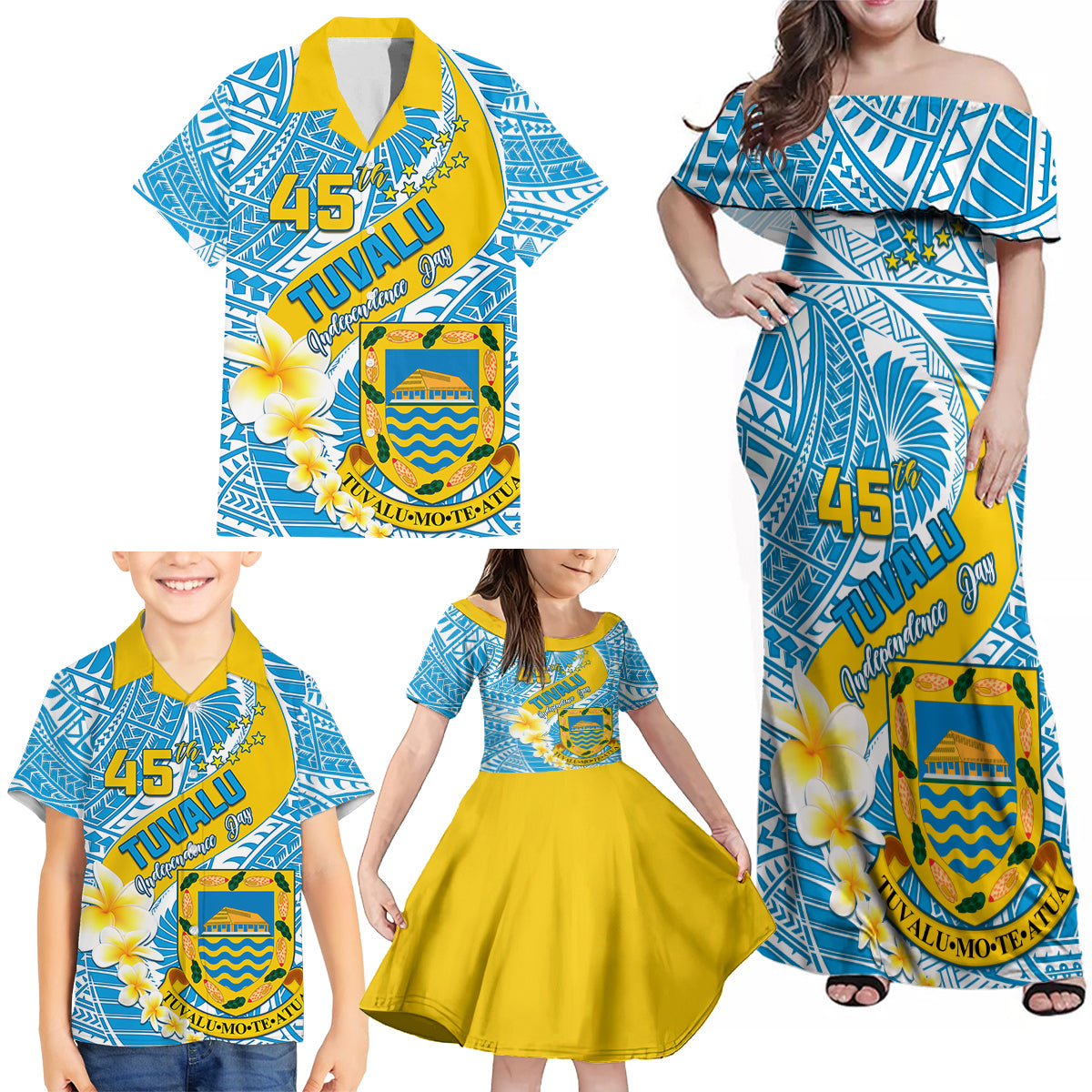 Personalised Tuvalu Independence Day Family Matching Off Shoulder Maxi Dress and Hawaiian Shirt Plumeria 45th Anniversary LT01 - Polynesian Pride