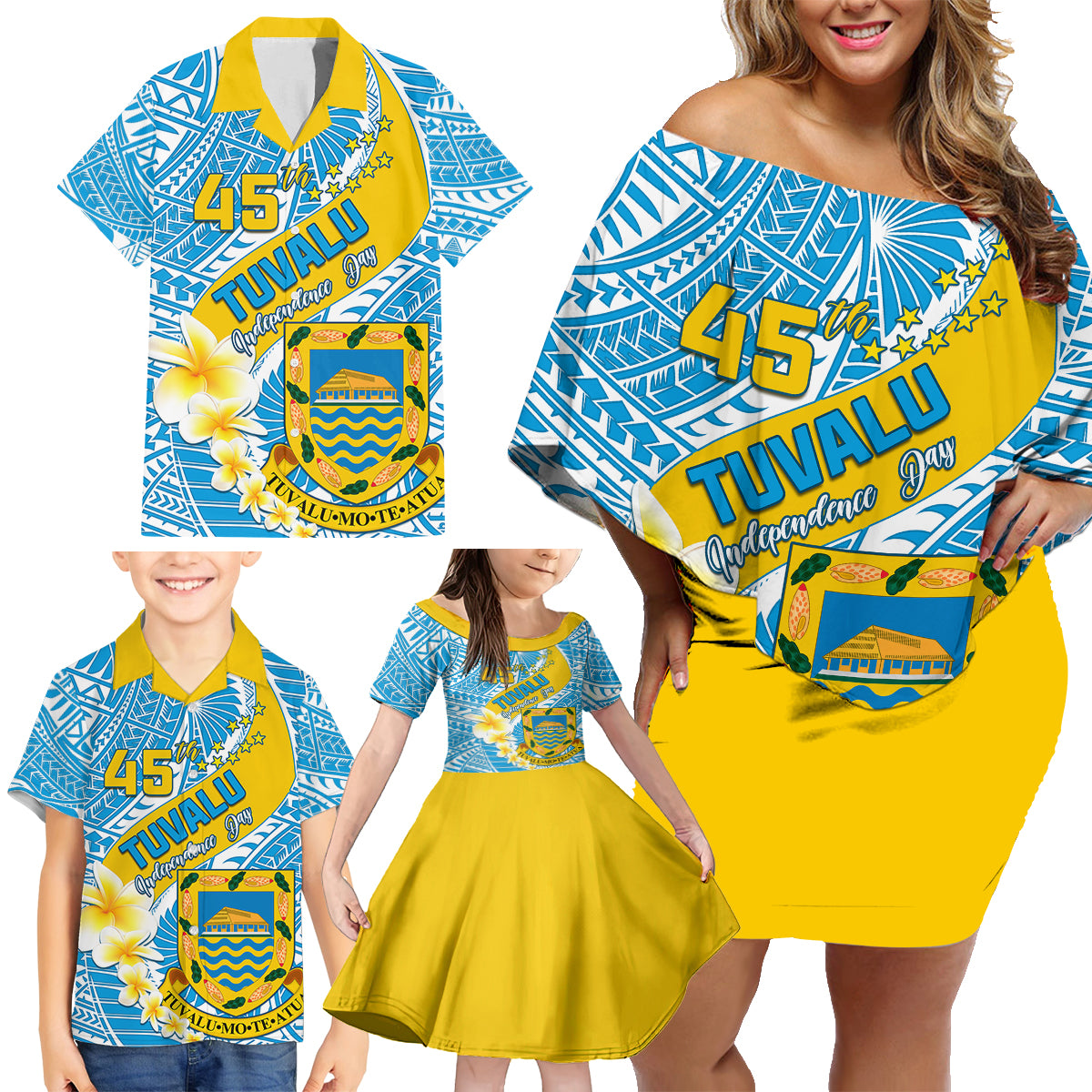 Personalised Tuvalu Independence Day Family Matching Off Shoulder Short Dress and Hawaiian Shirt Plumeria 45th Anniversary LT01 - Polynesian Pride