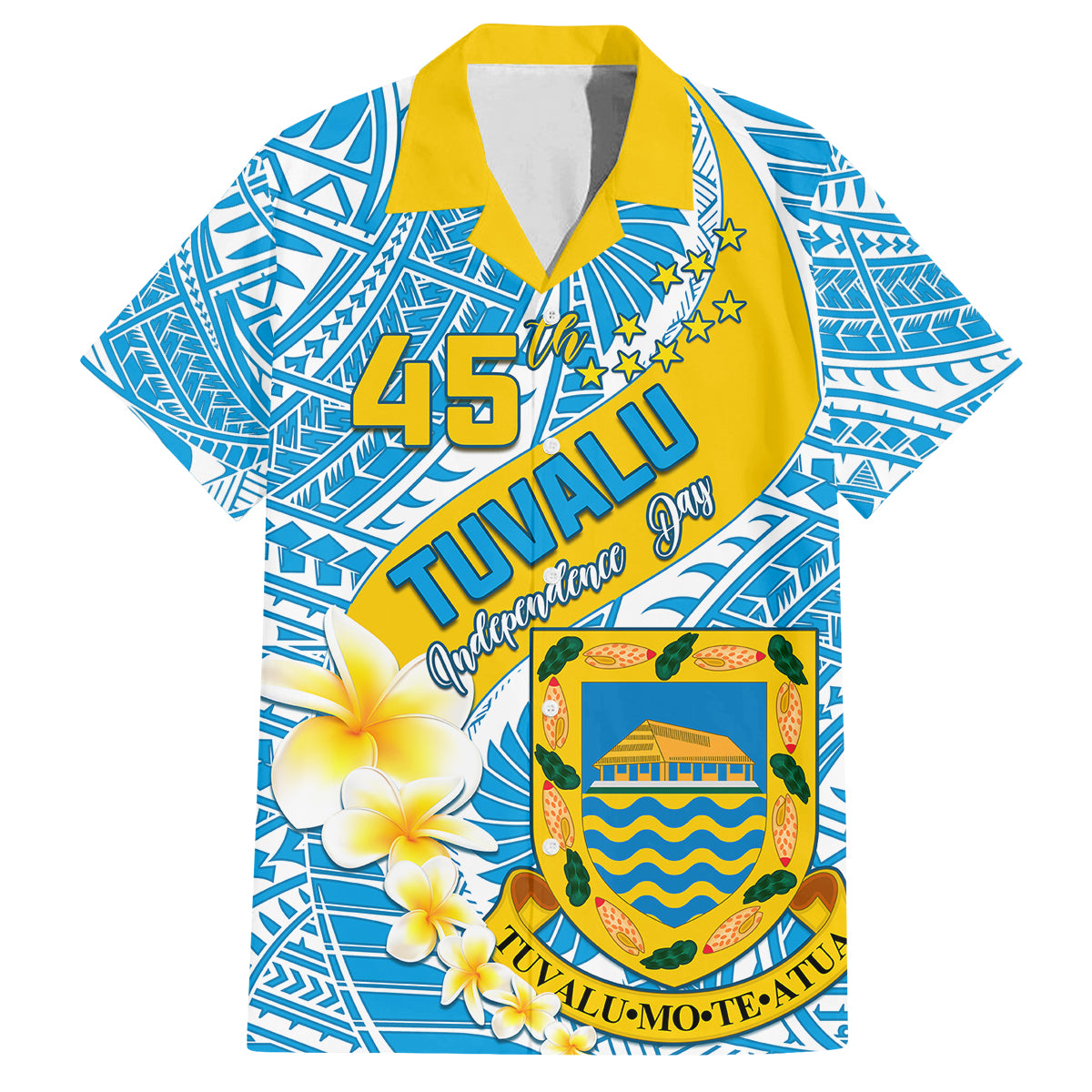 Personalised Tuvalu Independence Day Family Matching Off Shoulder Short Dress and Hawaiian Shirt Plumeria 45th Anniversary LT01 Dad's Shirt - Short Sleeve Blue - Polynesian Pride