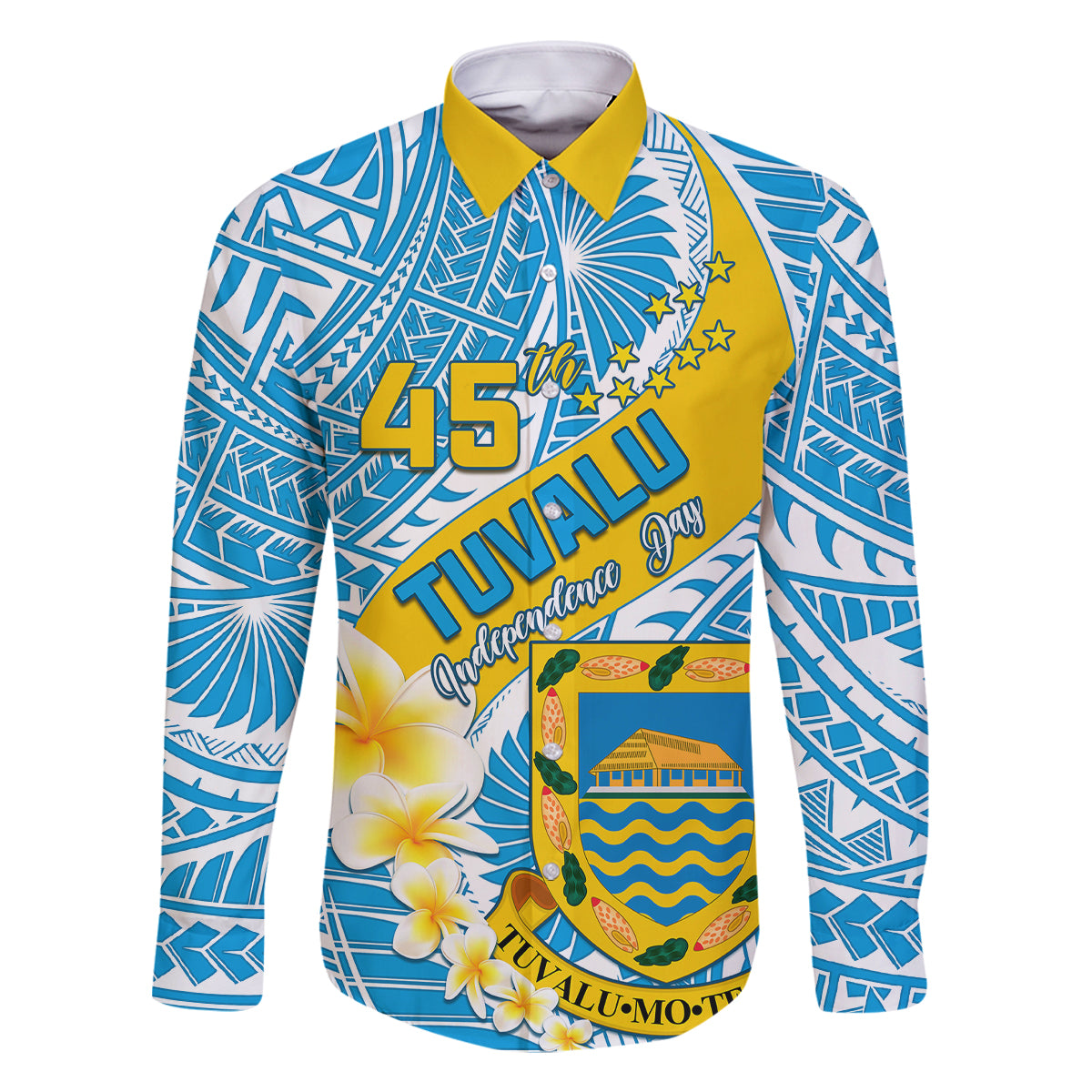 Personalised Tuvalu Independence Day Family Matching Off Shoulder Short Dress and Hawaiian Shirt Plumeria 45th Anniversary LT01 Dad's Shirt - Long Sleeve Blue - Polynesian Pride