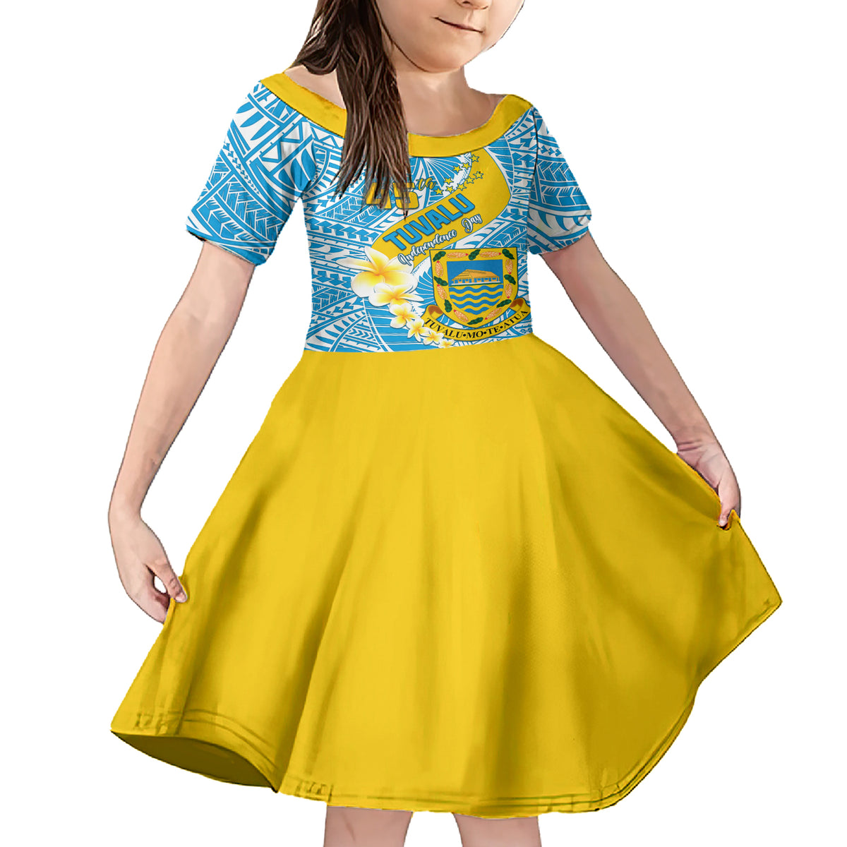Personalised Tuvalu Independence Day Family Matching Short Sleeve Bodycon Dress and Hawaiian Shirt Plumeria 45th Anniversary LT01 Daughter's Dress Blue - Polynesian Pride