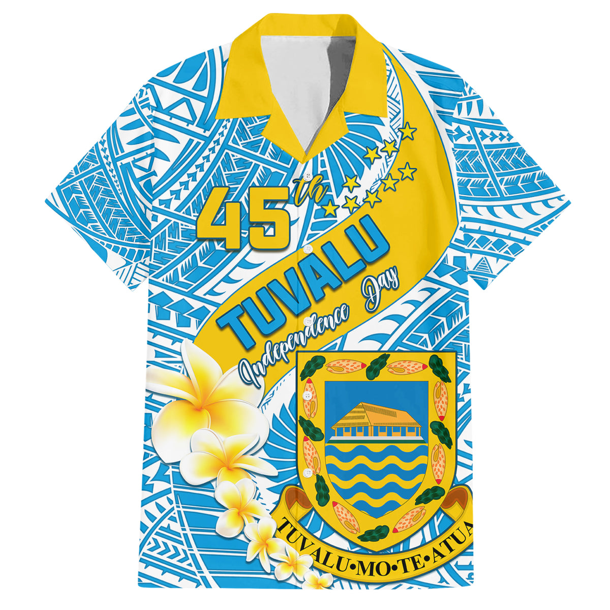 Personalised Tuvalu Independence Day Family Matching Short Sleeve Bodycon Dress and Hawaiian Shirt Plumeria 45th Anniversary LT01 Dad's Shirt - Short Sleeve Blue - Polynesian Pride