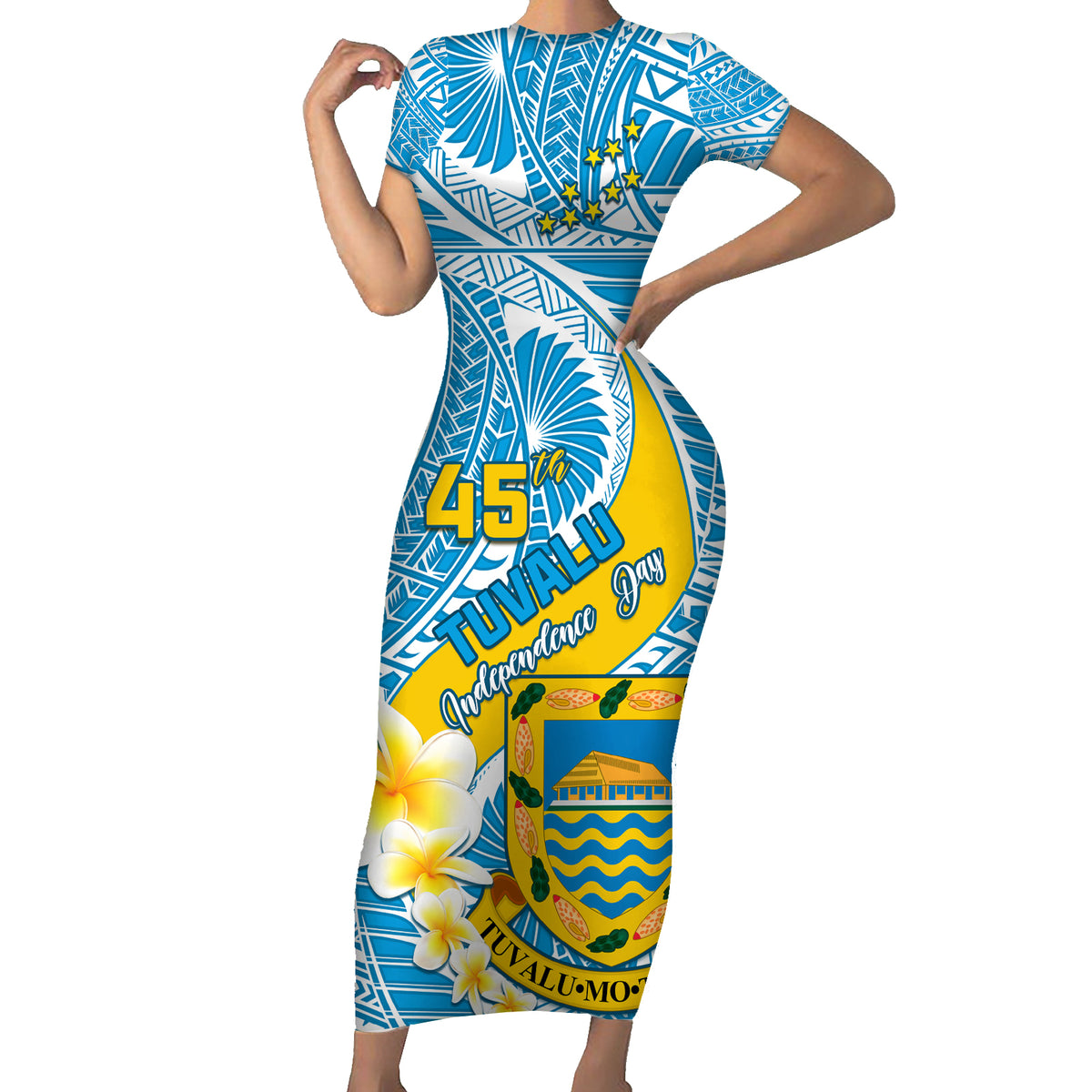 Personalised Tuvalu Independence Day Family Matching Short Sleeve Bodycon Dress and Hawaiian Shirt Plumeria 45th Anniversary LT01 Mom's Dress Blue - Polynesian Pride